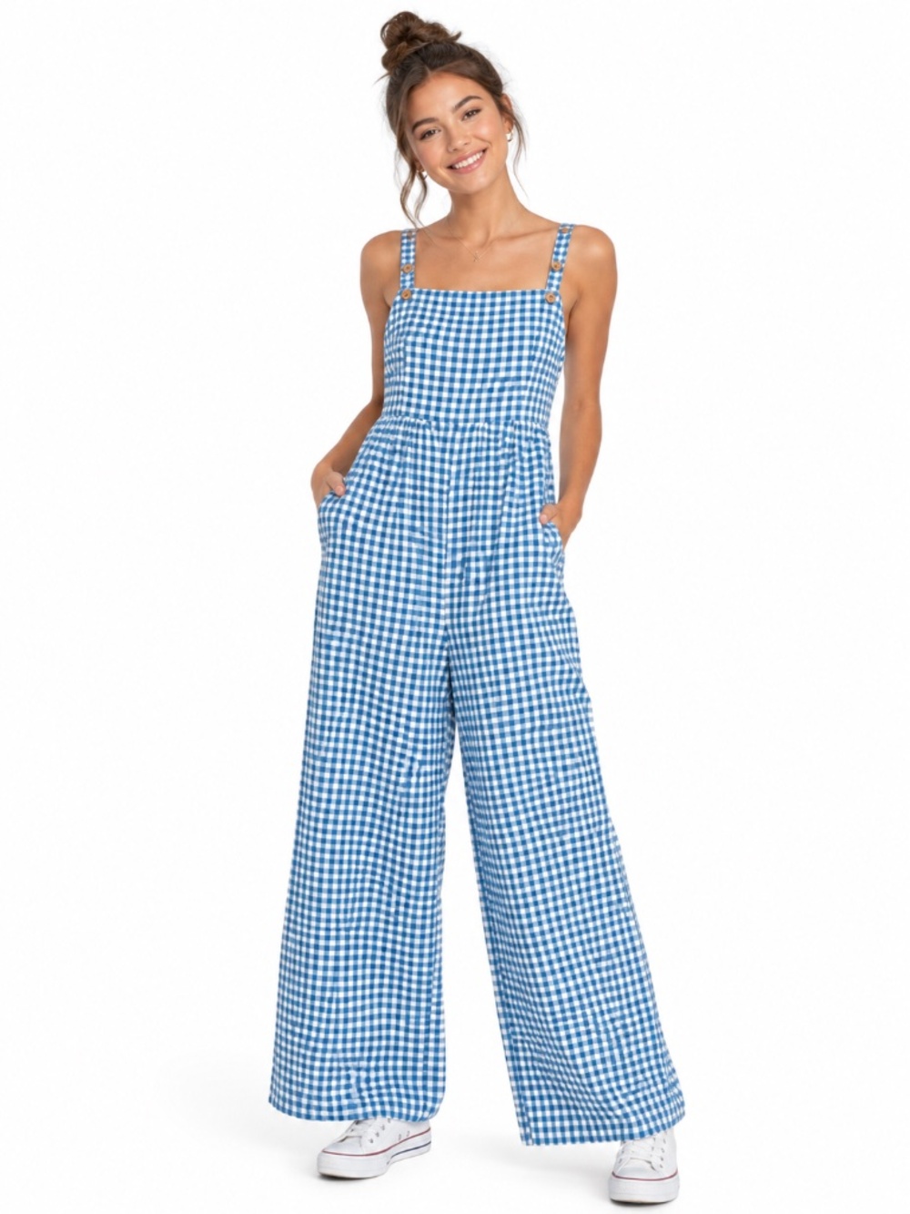 Blue & White Gingham Wide Leg Jumpsuit with Pockets & Adjustable Straps